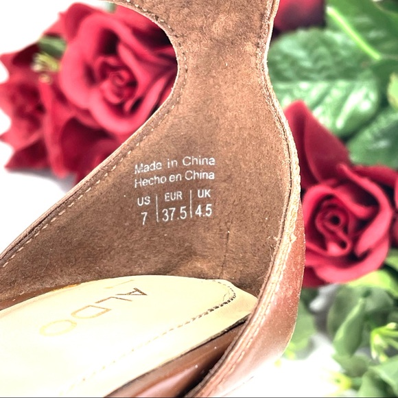 ALDO LARAA BROWN LEATHER WOODEN HEELED SANDALS - Picture 15 of 16